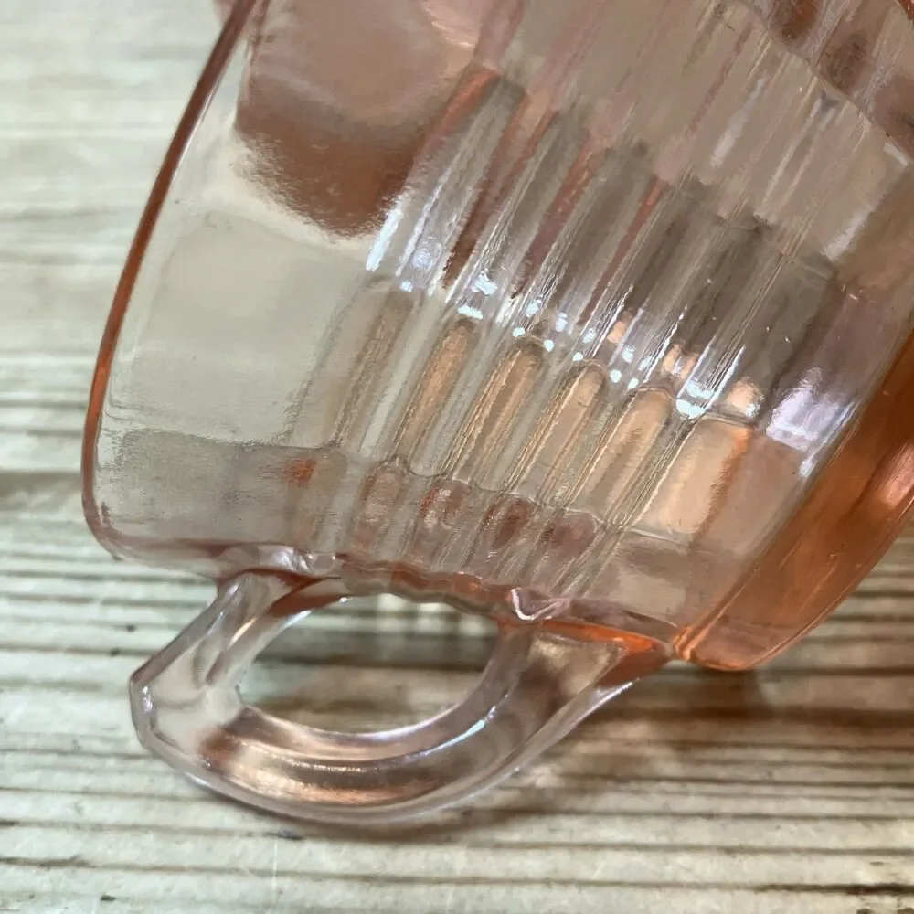Vintage Pink Rings Depression Glass Cup Mugs Set Of 4 Art Deco Optic Design